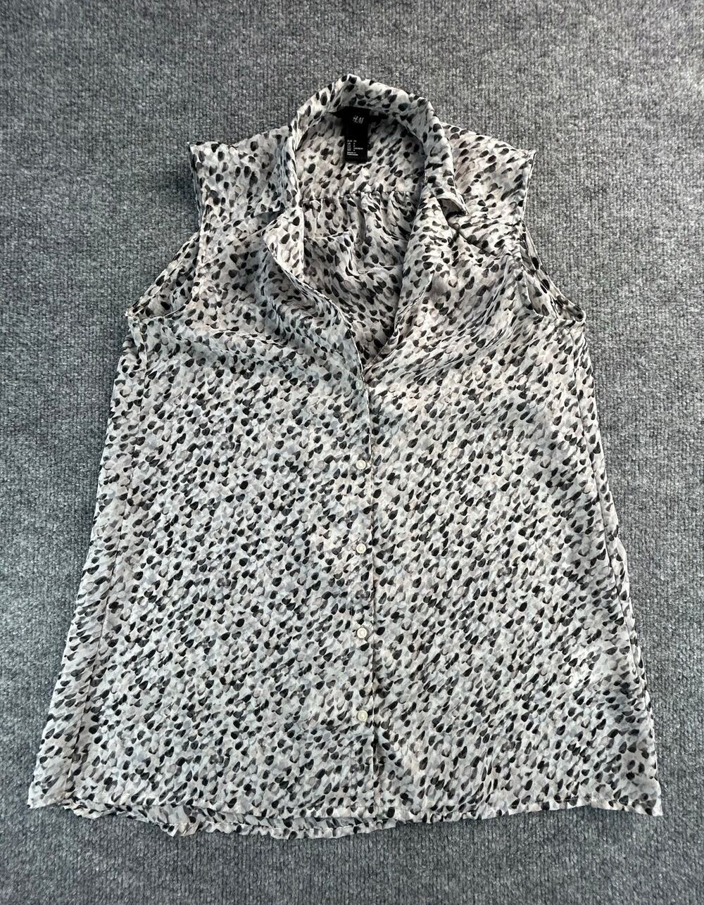 H&M Women's Sleeveless Button Front Blouse Gray Black Abstract Print Size 4